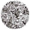 A collection of black and white gothic graffiti stickers featuring skulls, demons, bats, and other dark imagery.