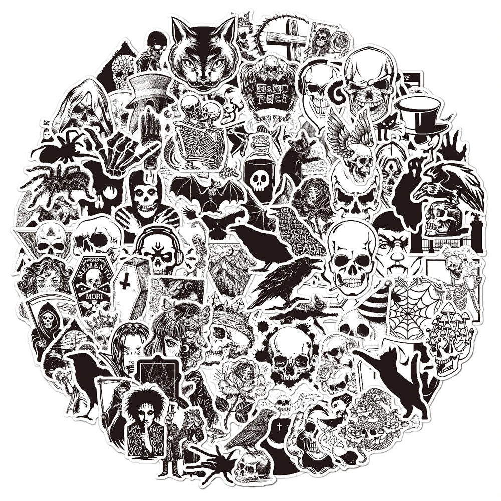 A collection of black and white gothic graffiti stickers featuring skulls, demons, bats, and other dark imagery.