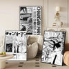 A framed poster featuring characters from Chainsaw Man anime art displayed in a modern living room setting.