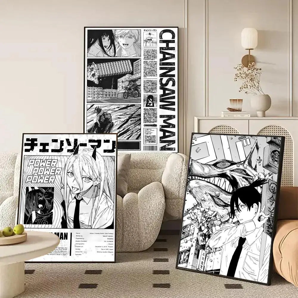 A framed poster featuring characters from Chainsaw Man anime art displayed in a modern living room setting.