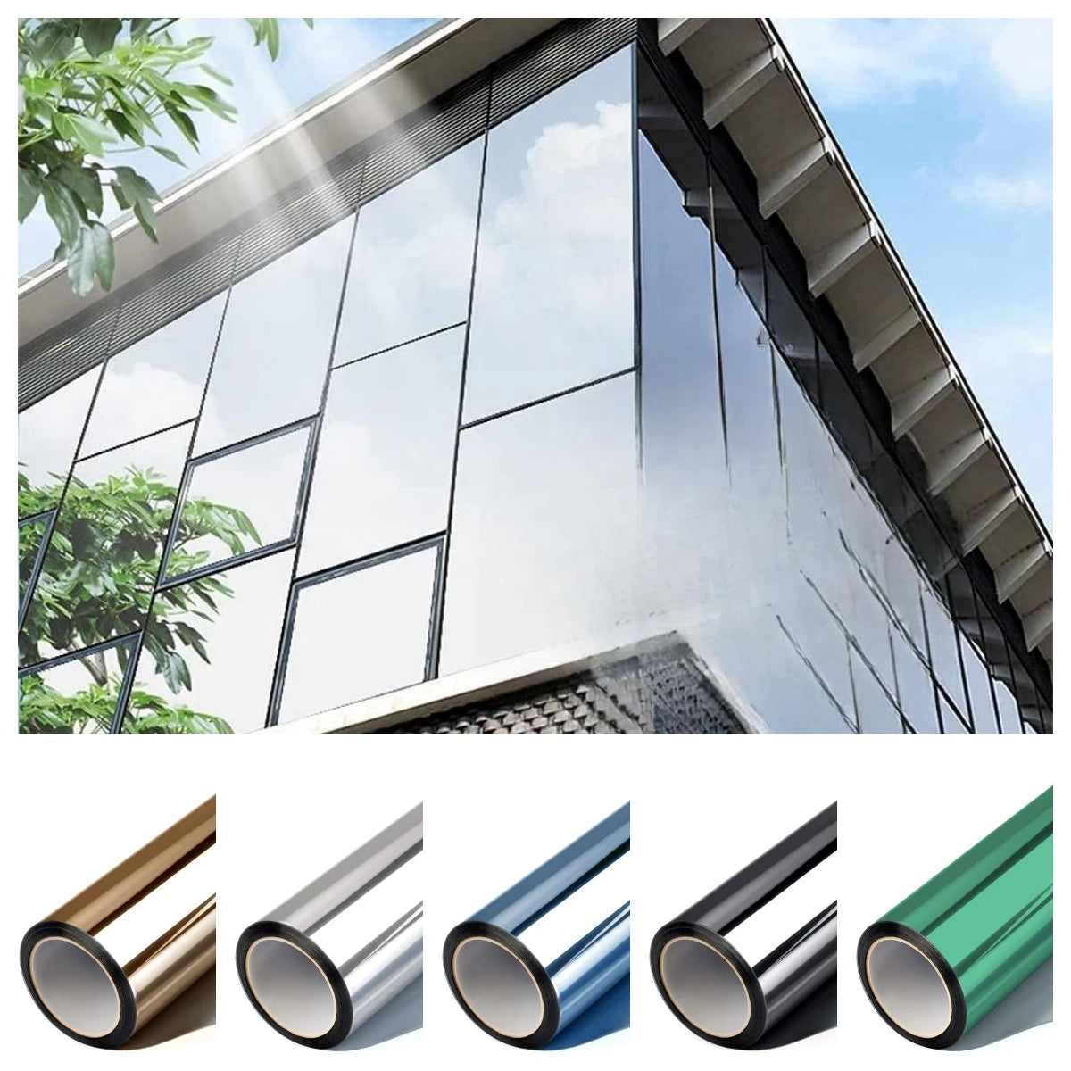 A set of five privacy window films or shades shown in various angles and colors.