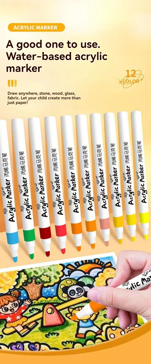 A set of 12 color acrylic markers for drawing on various surfaces like wood, glass, and fabric.