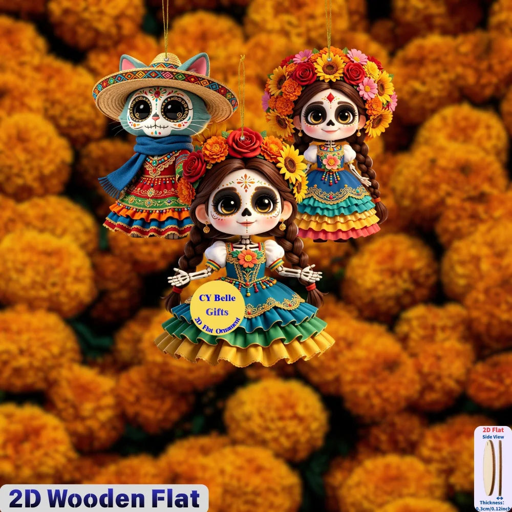Two flat wooden skull ornaments with colorful floral decorations set against a background of orange flowers.