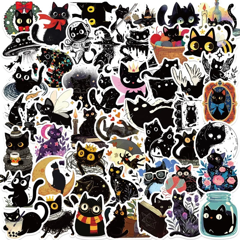 A collection of cartoon black star cat PVC stickers for DIY crafts and scrapbooking