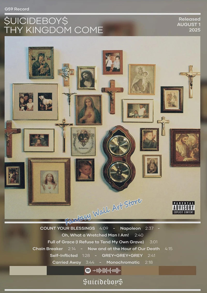 Album cover art print for Suicideboy's They Kingdom Come featuring various framed images and text