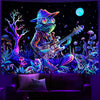 A vibrant psychedelic tapestry featuring an alien astronaut playing a guitar against a dark, starry background.