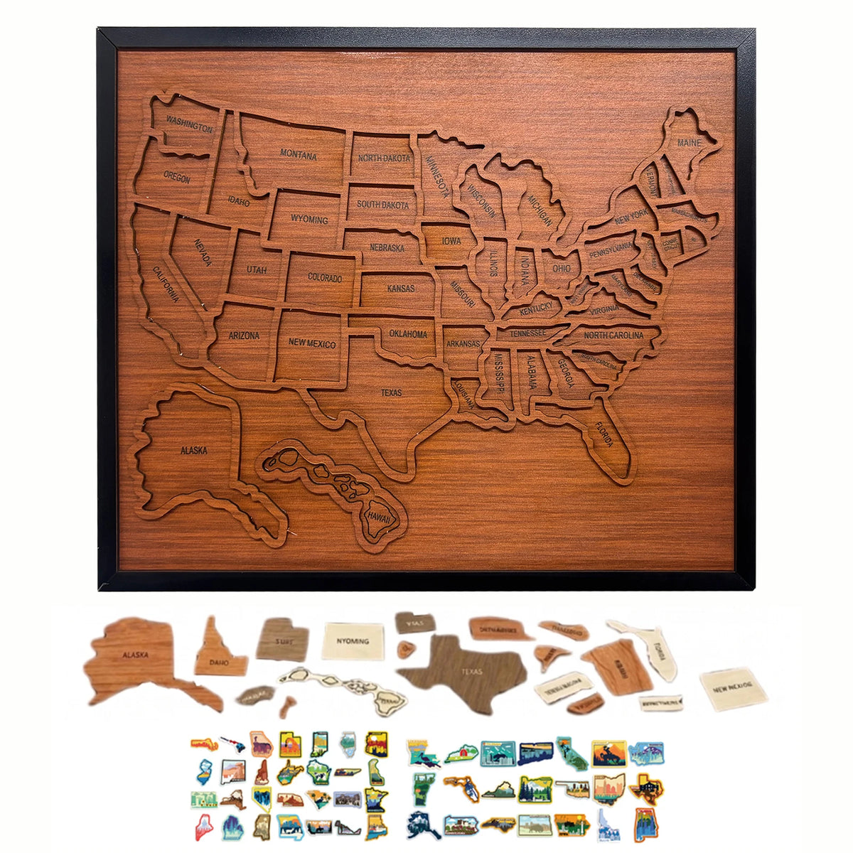 Holz-USA-Landkarte Puzzle mit verschiedenen Staatsformen und interaktiven Aufklebern.