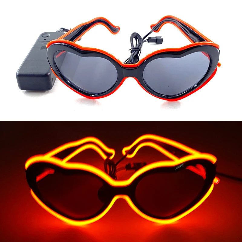 Pair of heart-shaped sunglasses with glowing orange EL wire outline