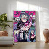A vertical poster featuring characters from Jujutsu Kaisen anime in vibrant colors and dramatic lighting.