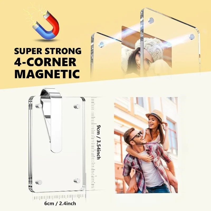 A silver magnetic acrylic photo holder for car sun visors, shown with a person in the background.