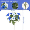 A cluster of blue and white artificial petunia flowers with green leaves and a sturdy stem.