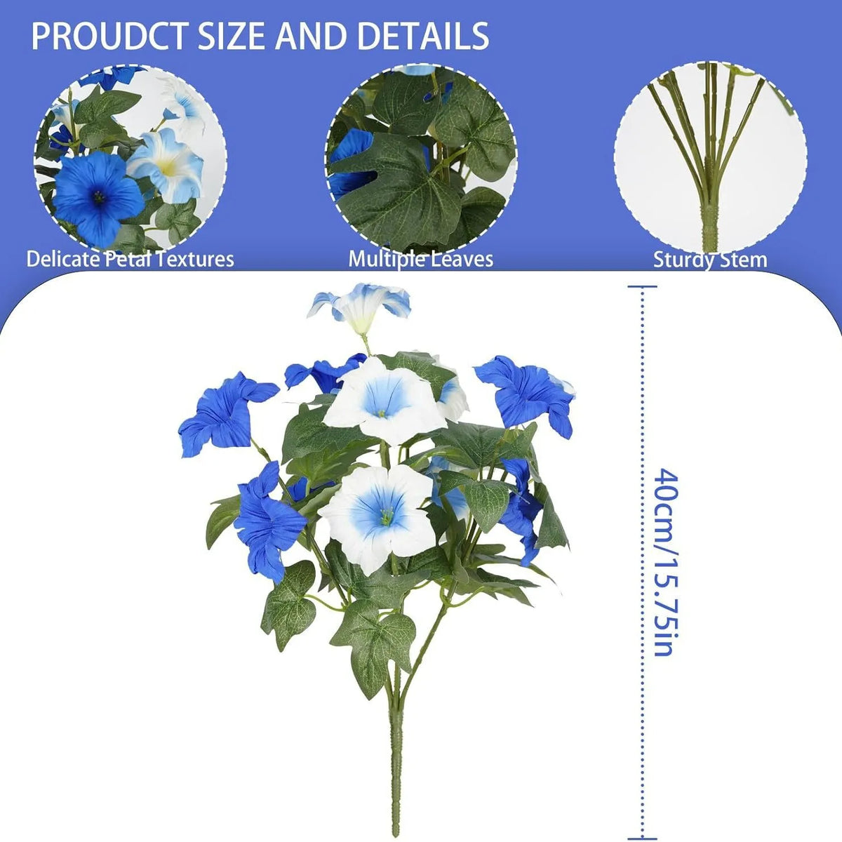 A cluster of blue and white artificial petunia flowers with green leaves and a sturdy stem.