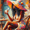 A portrait of an African American woman with dreadlocks wearing a wide-brimmed hat, sitting and holding a cup.