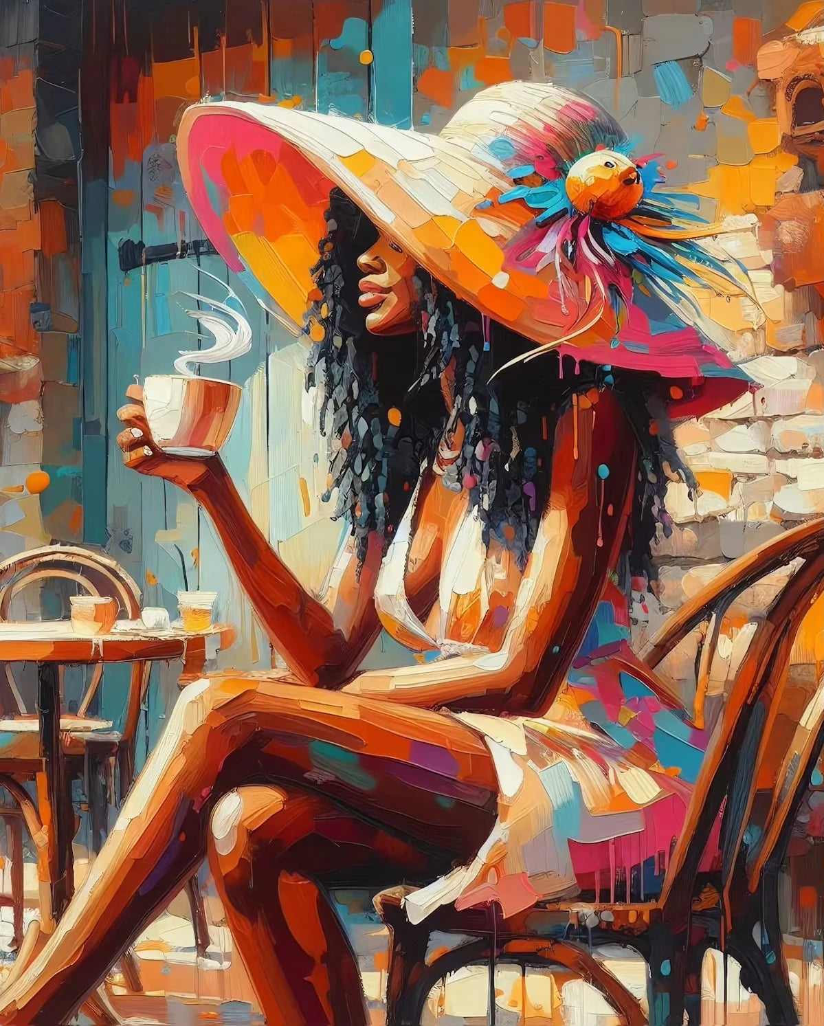 A portrait of an African American woman with dreadlocks wearing a wide-brimmed hat, sitting and holding a cup.