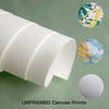 Roll of white unframed canvas prints with watercolor designs shown alongside finished circular prints