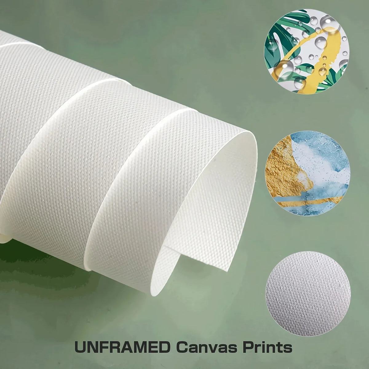 Roll of white unframed canvas prints with watercolor designs shown alongside finished circular prints