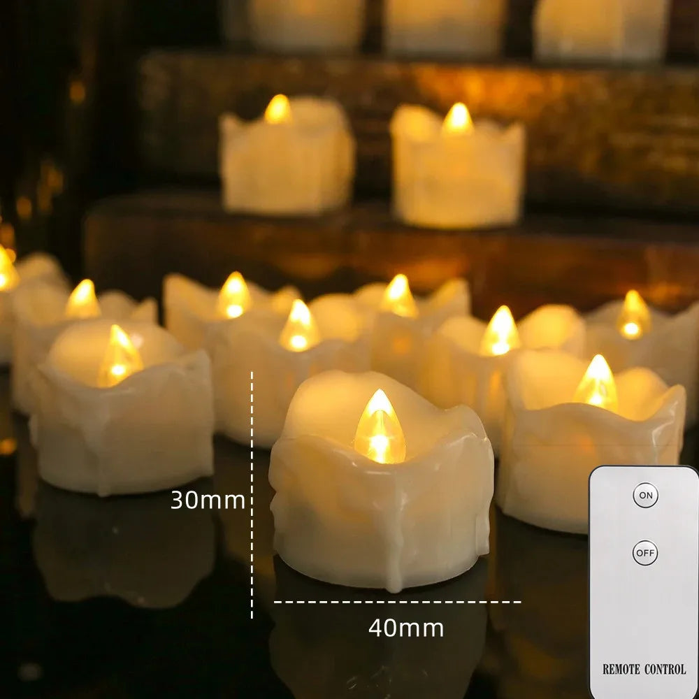 A close-up of white LED tea light candles with paper lampshades arranged on a dark surface.