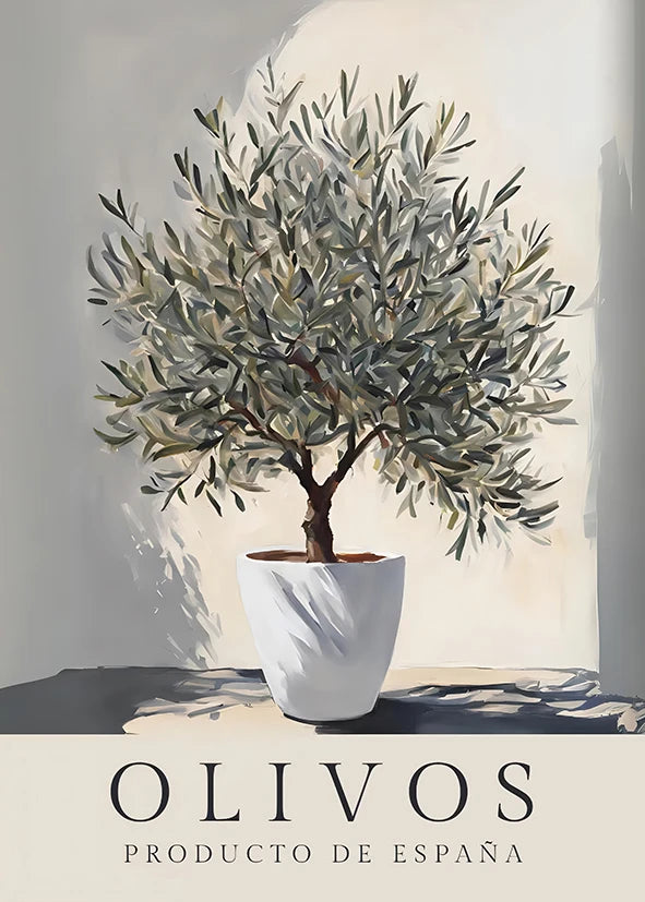 A painting of an olive tree in a white pot against a light background.
