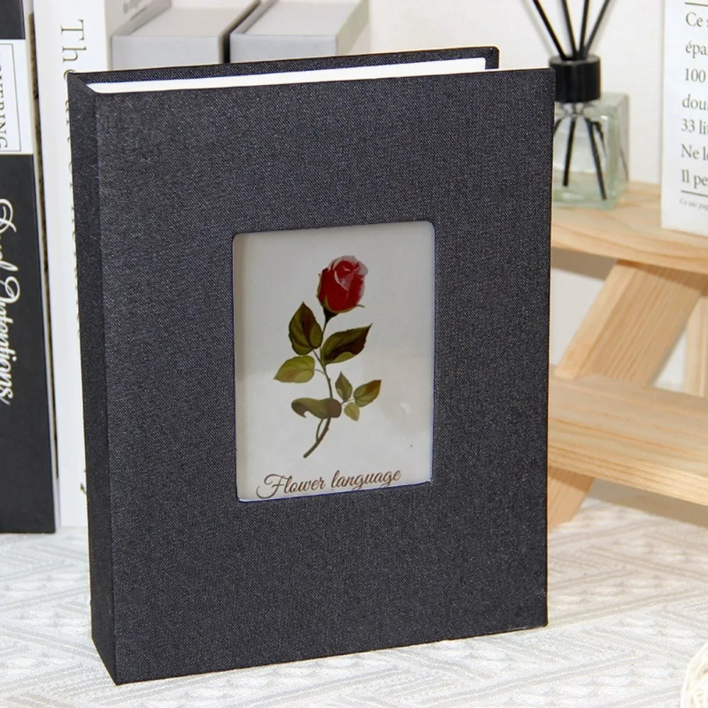 A dark gray linen cover photo album with a square window displaying a red rose and the text Flower language.