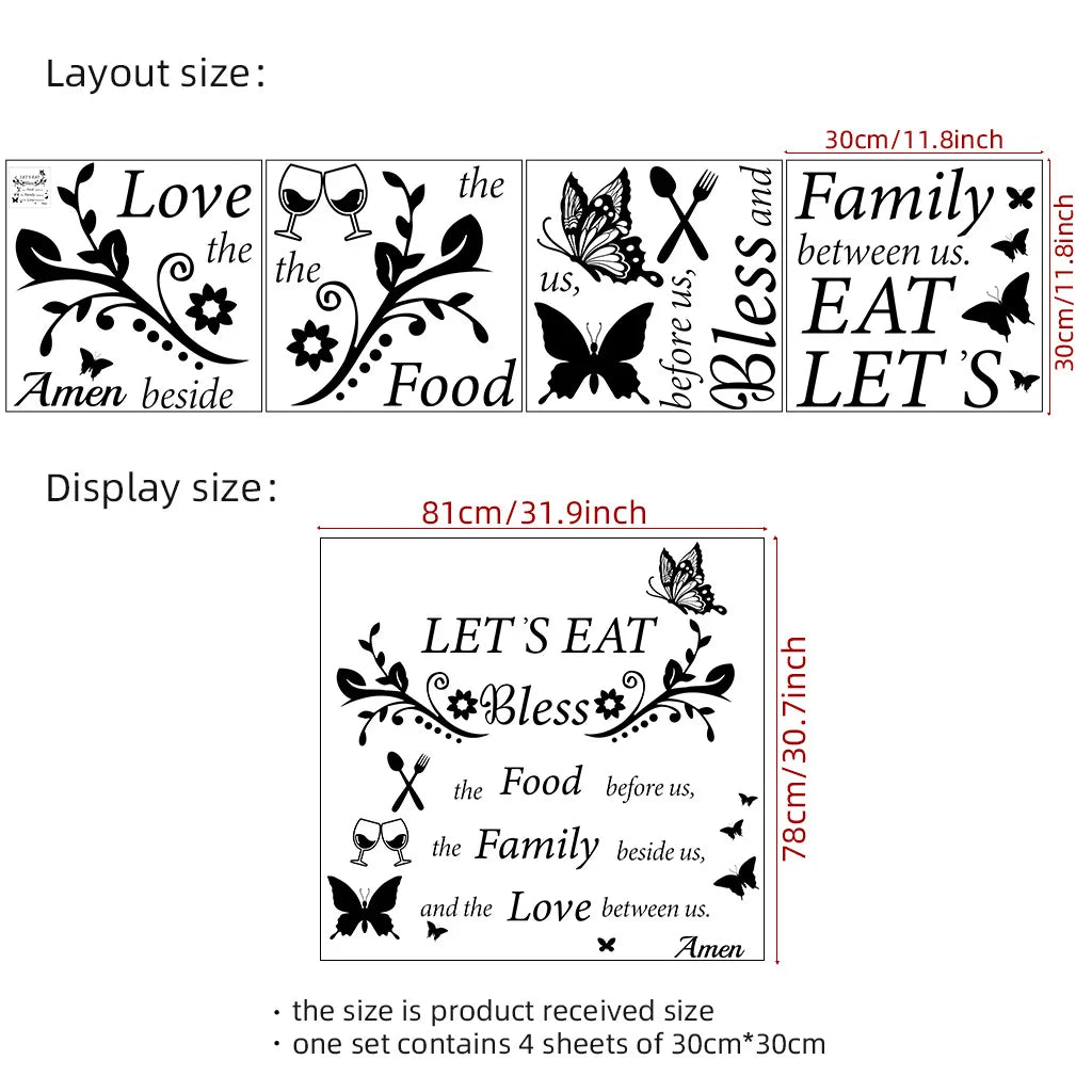 A layout size example showing text like Love the Food Family and Bless Eat Let's Amen beside a display size of 81cm