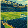 A vintage poster design featuring a football stadium, with the text Chelsea and Stamford Bridge.