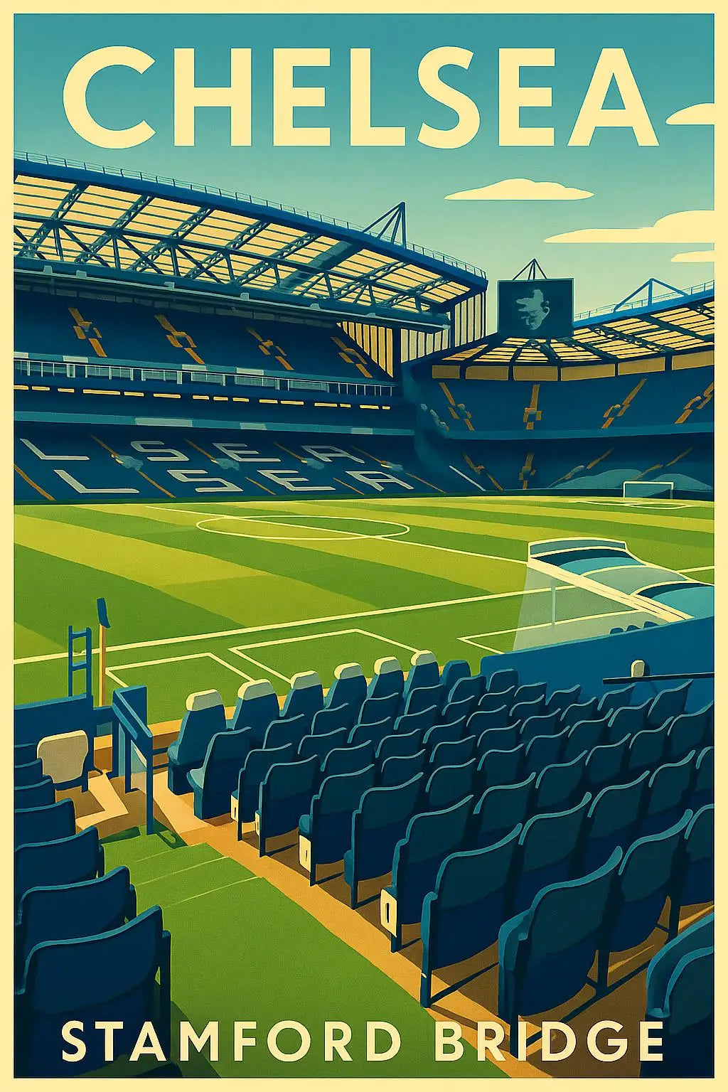 A vintage poster design featuring a football stadium, with the text Chelsea and Stamford Bridge.