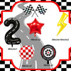 A set of nine foil balloons including a number two, a star, and several checkered flag shapes for a birthday party decoration