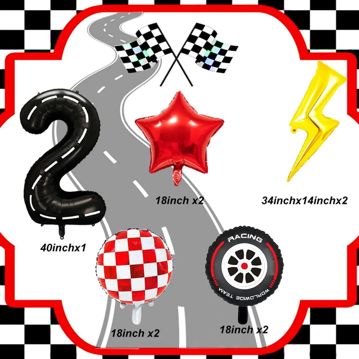 A set of nine foil balloons including a number two, a star, and several checkered flag shapes for a birthday party decoration