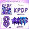 A set of purple foil number balloons and letter balloons for KPOP celebration