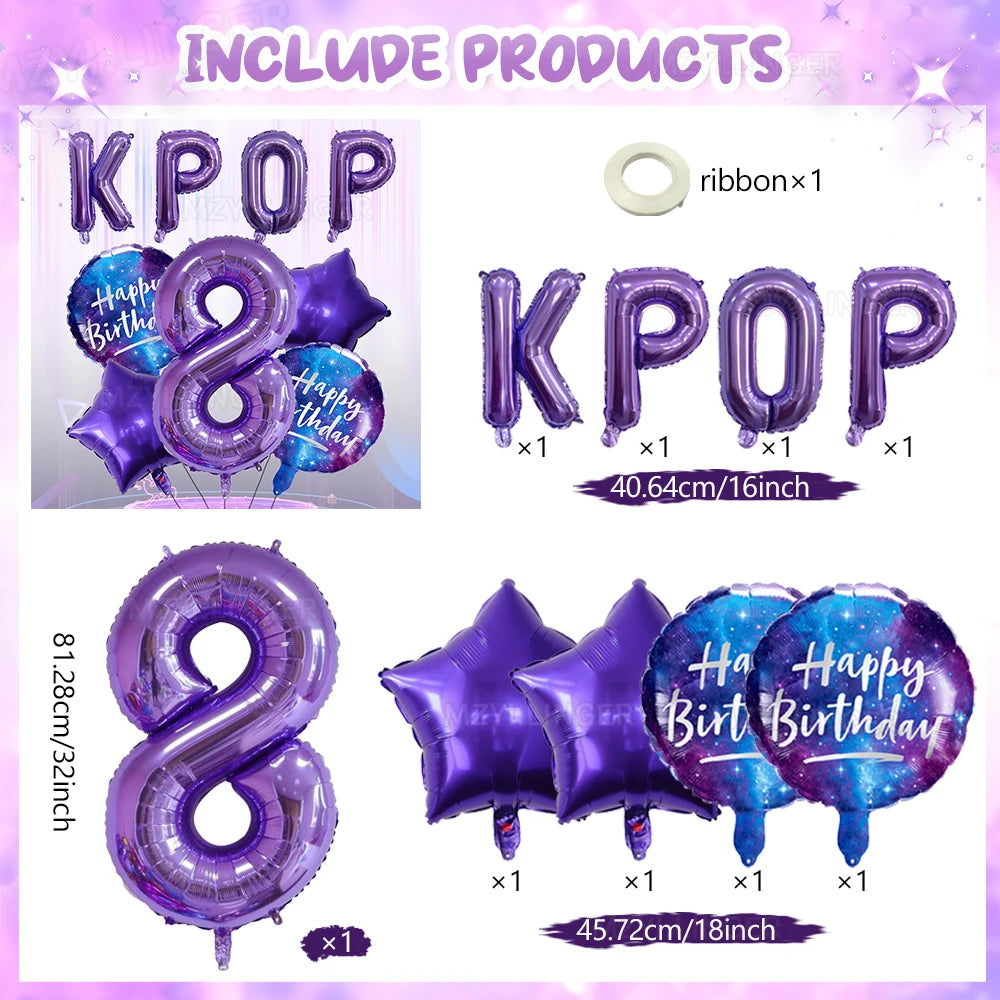 A set of purple foil number balloons and letter balloons for KPOP celebration