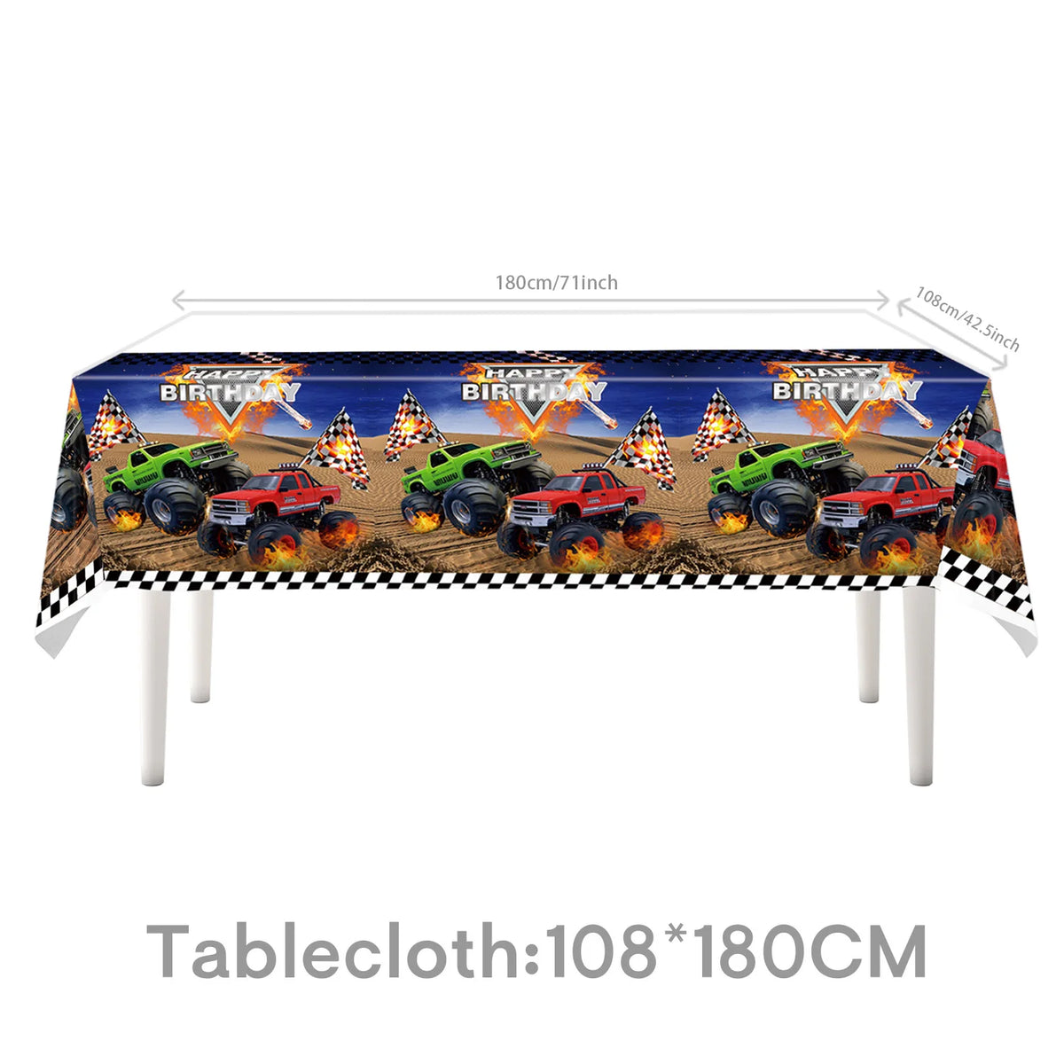 A tablecloth featuring a monster truck birthday party theme with various trucks and fireworks decorations.