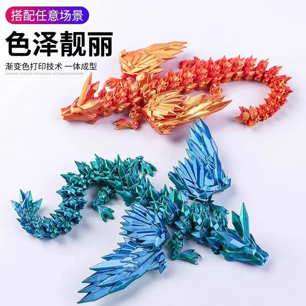 A set of three 3D printed articulated dragon fidget figurines in orange, red, and blue colors.