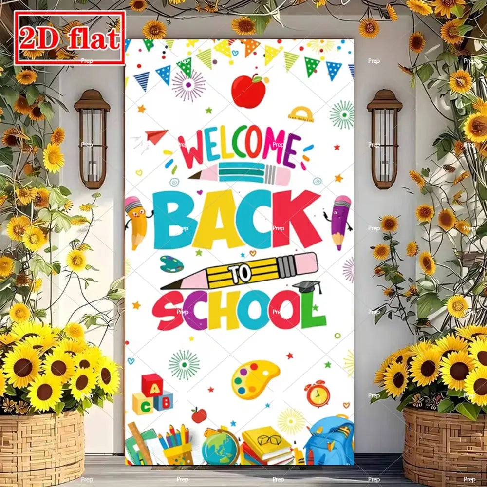 A colorful classroom door banner featuring the text Welcome Back to School decorated with apples, pencils, and school supplie