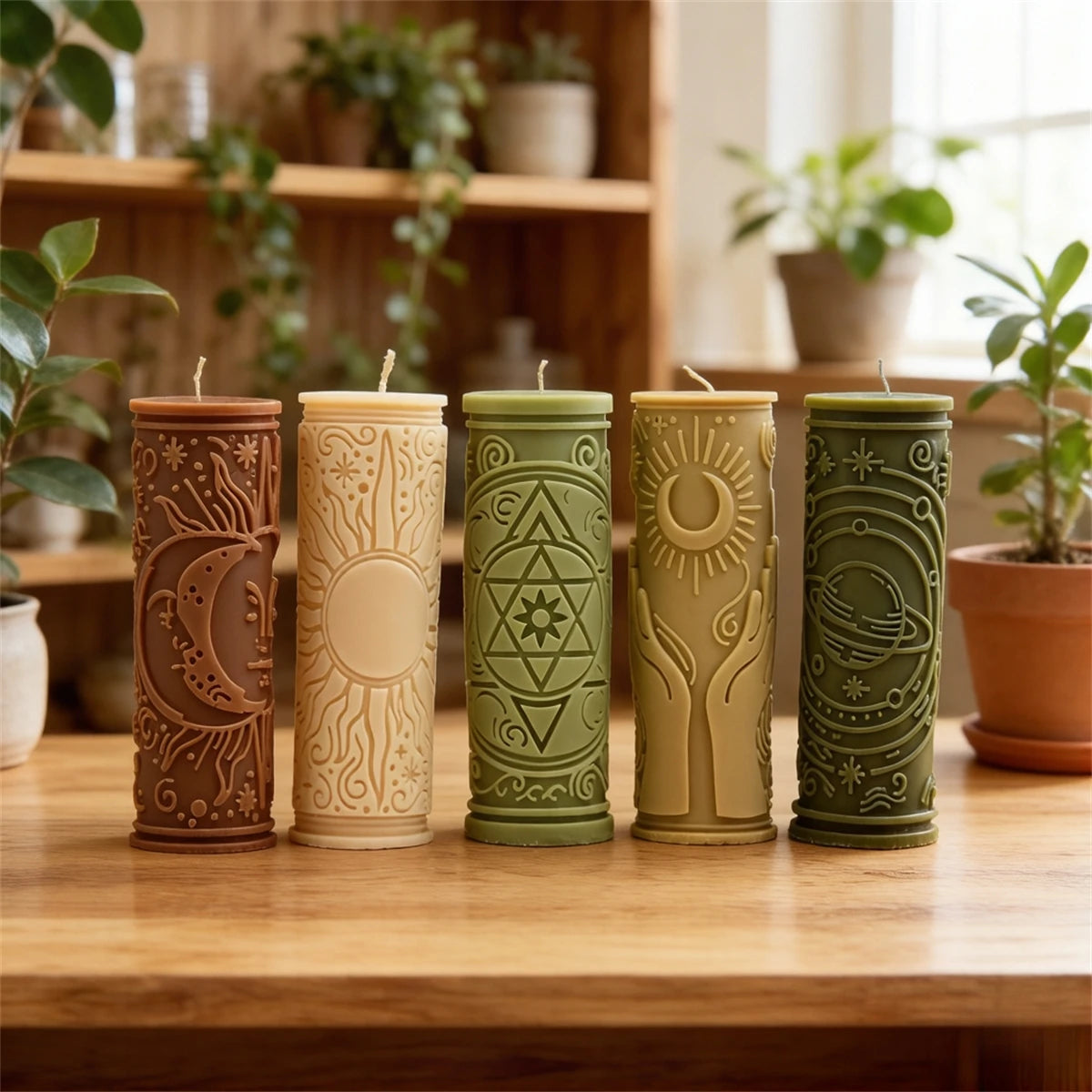 Three decorative silicone candle molds in earthy tones featuring intricate celestial designs.