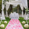 A wedding arch decorated with white draping and greenery, featuring a pink confetti aisle on a lawn.