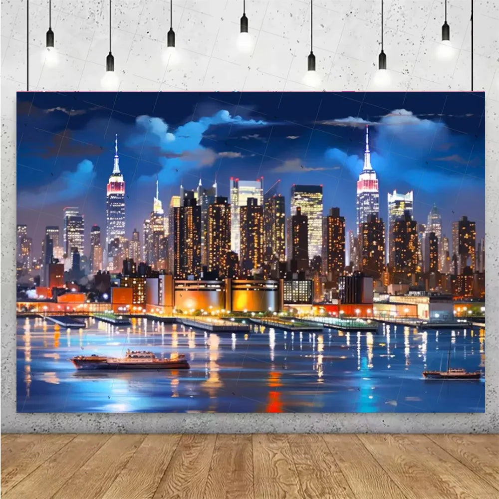 A photograph of a night city skyline featuring tall buildings reflected in the water under a dark blue sky.