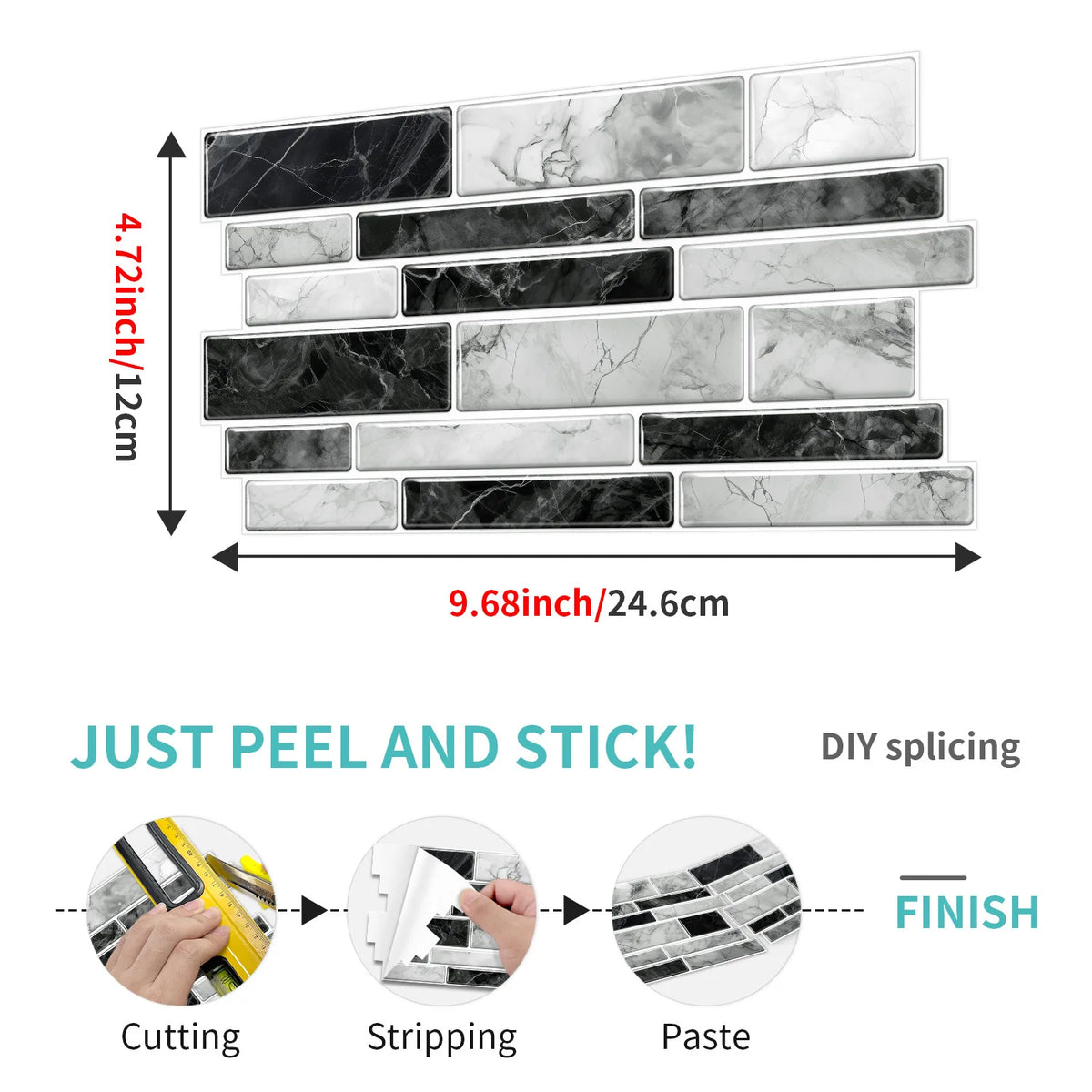 Self-adhesive marble wall tiles in various shades of black and white for DIY tiling projects