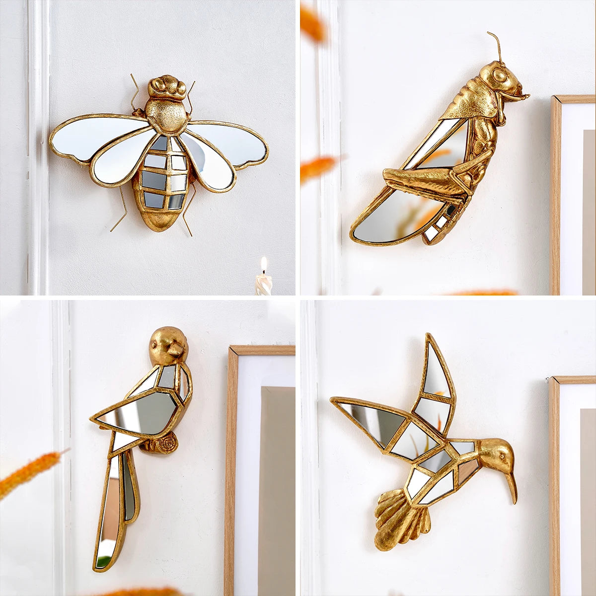 Gold resin animal wall hanging decor featuring a detailed golden bird design mounted on a white wall.