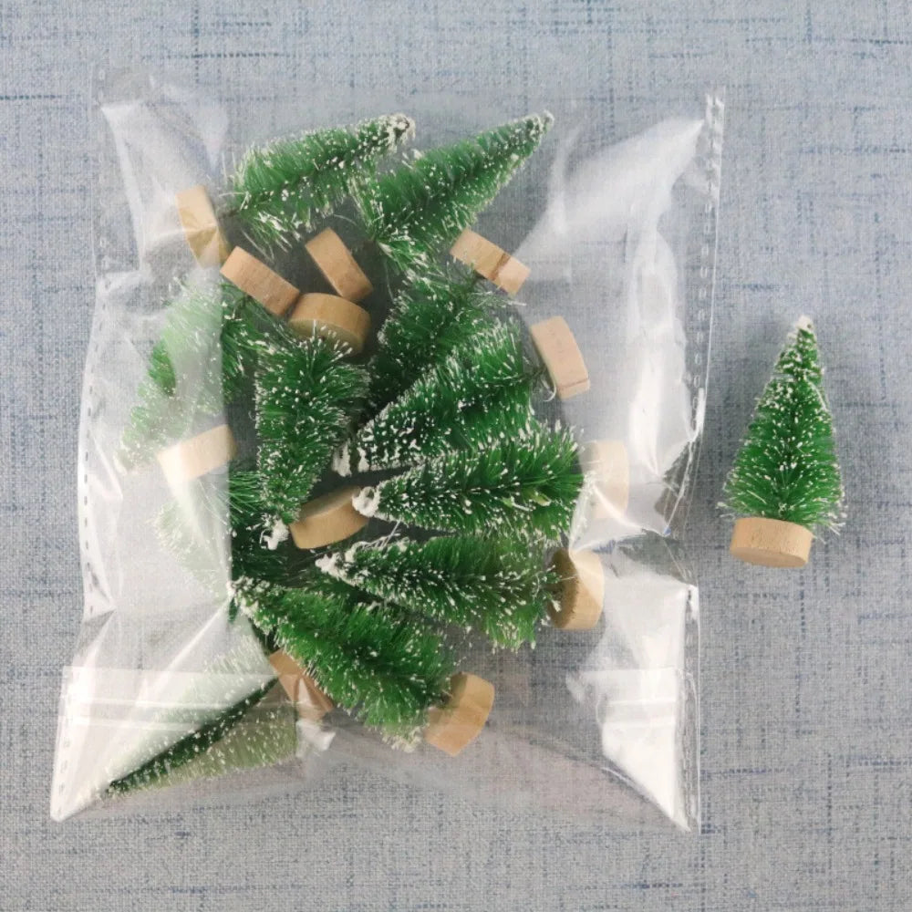 Set of 12 Snow-Flocked Mini Christmas Trees with Wooden Bases
