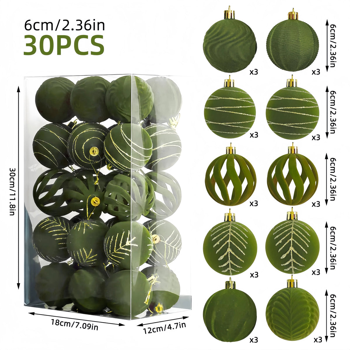 A set of 30 velvet green Christmas baubles for holiday tree and decor