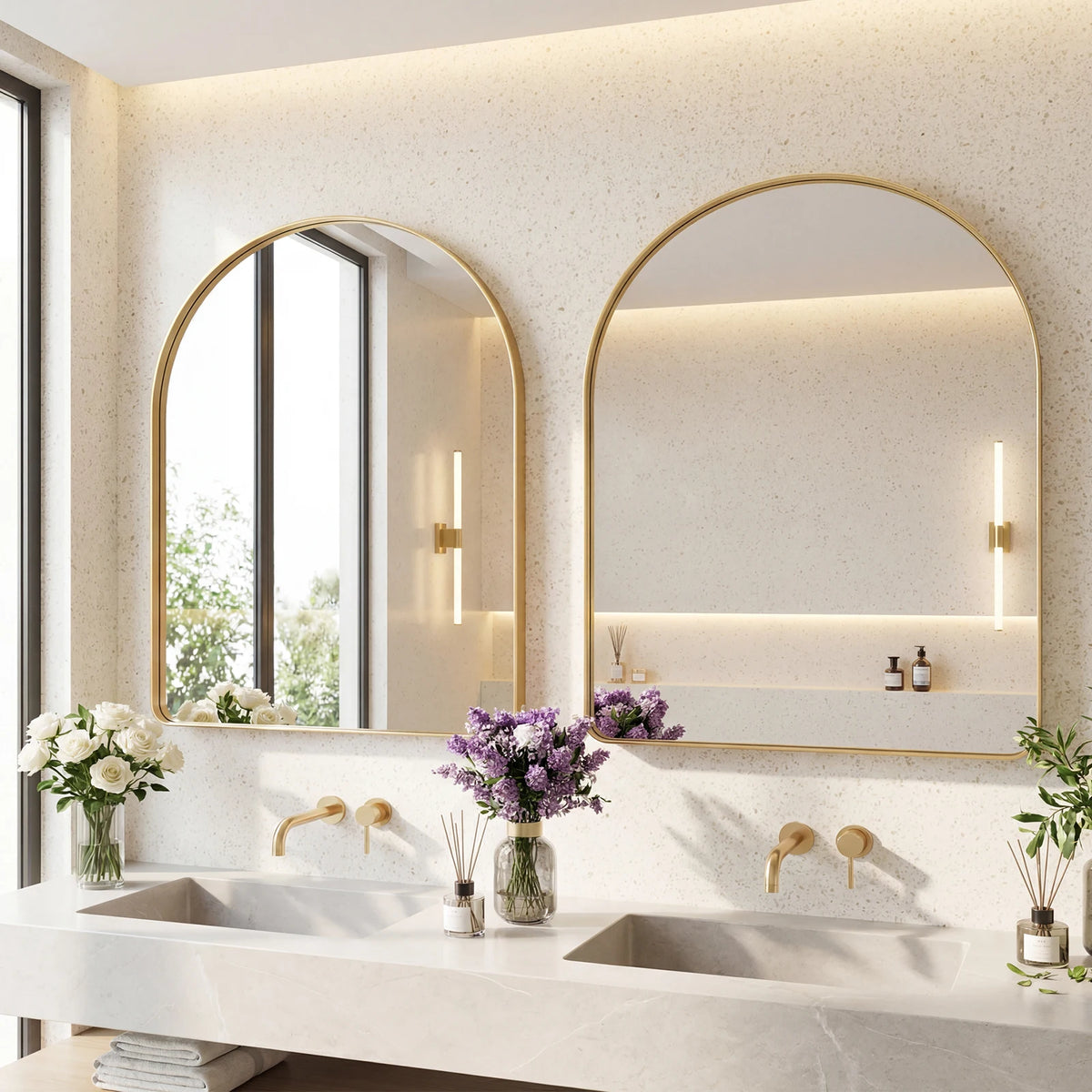 A modern bathroom vanity featuring an arched full-length wall mirror with a gold frame and light fixtures.