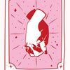 Tarot card VI The Lovers featuring a red hand holding a white hand on a pink background.