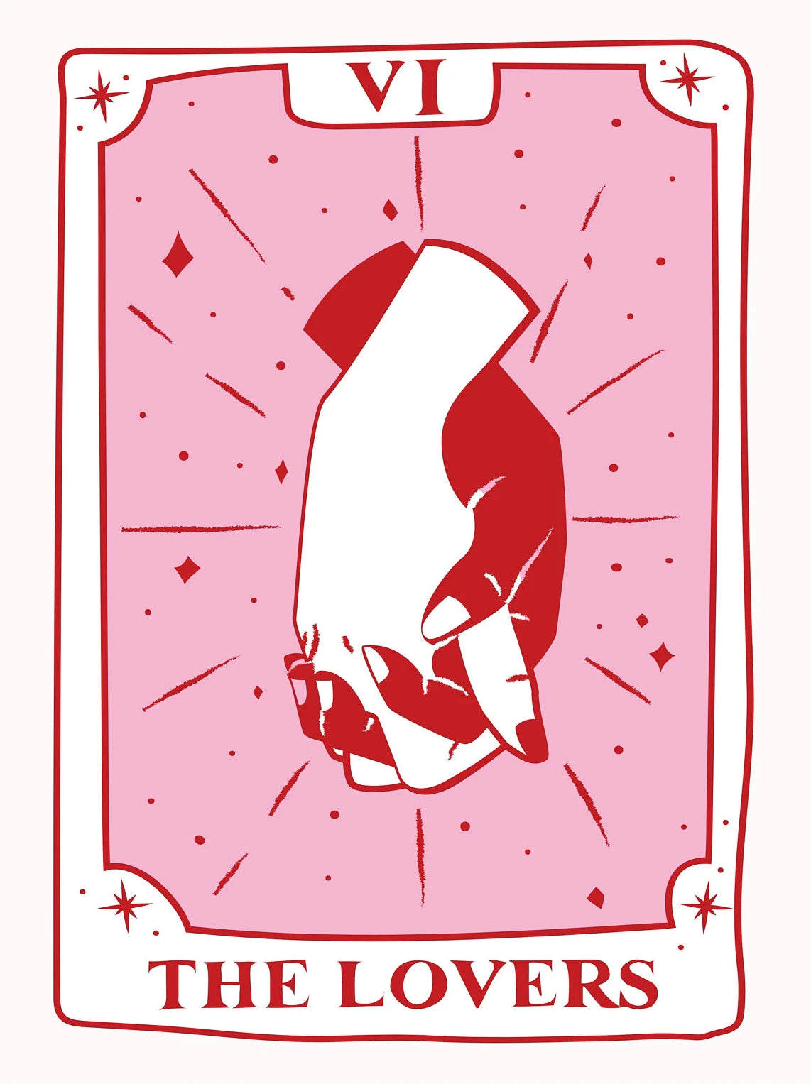 Tarot card VI The Lovers featuring a red hand holding a white hand on a pink background.