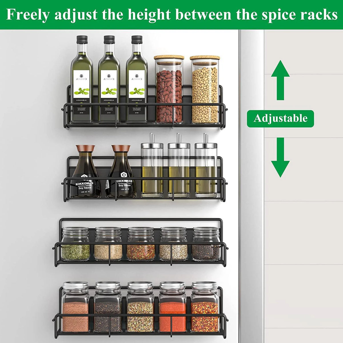 Black magnetic spice racks with adjustable height for organizing refrigerator spices
