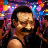 A close-up of a realistic old man horror mask with a wrinkled face and prominent mustache, displayed at a party.