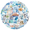 A circular collage of watercolor stickers depicting various ocean life, nautical items, and sea creatures.