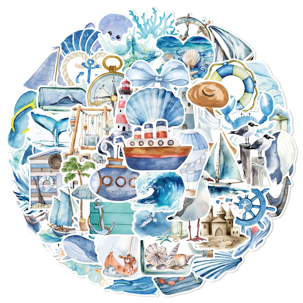 A circular collage of watercolor stickers depicting various ocean life, nautical items, and sea creatures.