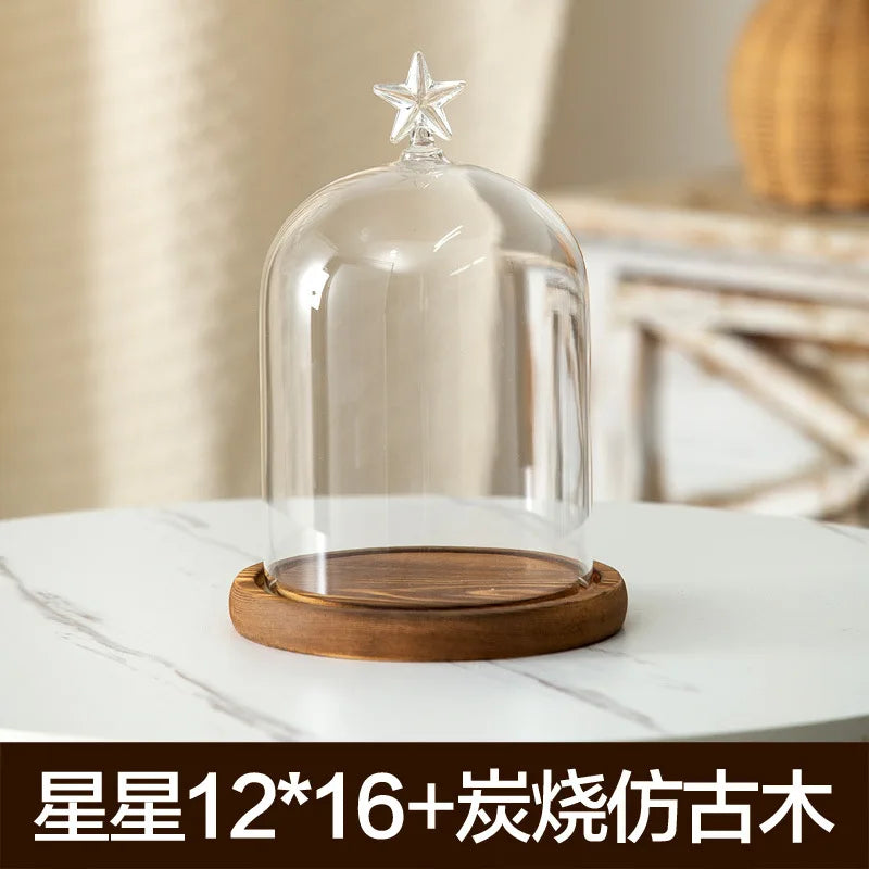 Glass aromatherapy candle holder with a wooden base and dust-proof cover