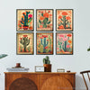 A set of five framed posters featuring colorful vintage cactus and floral art for wall decor