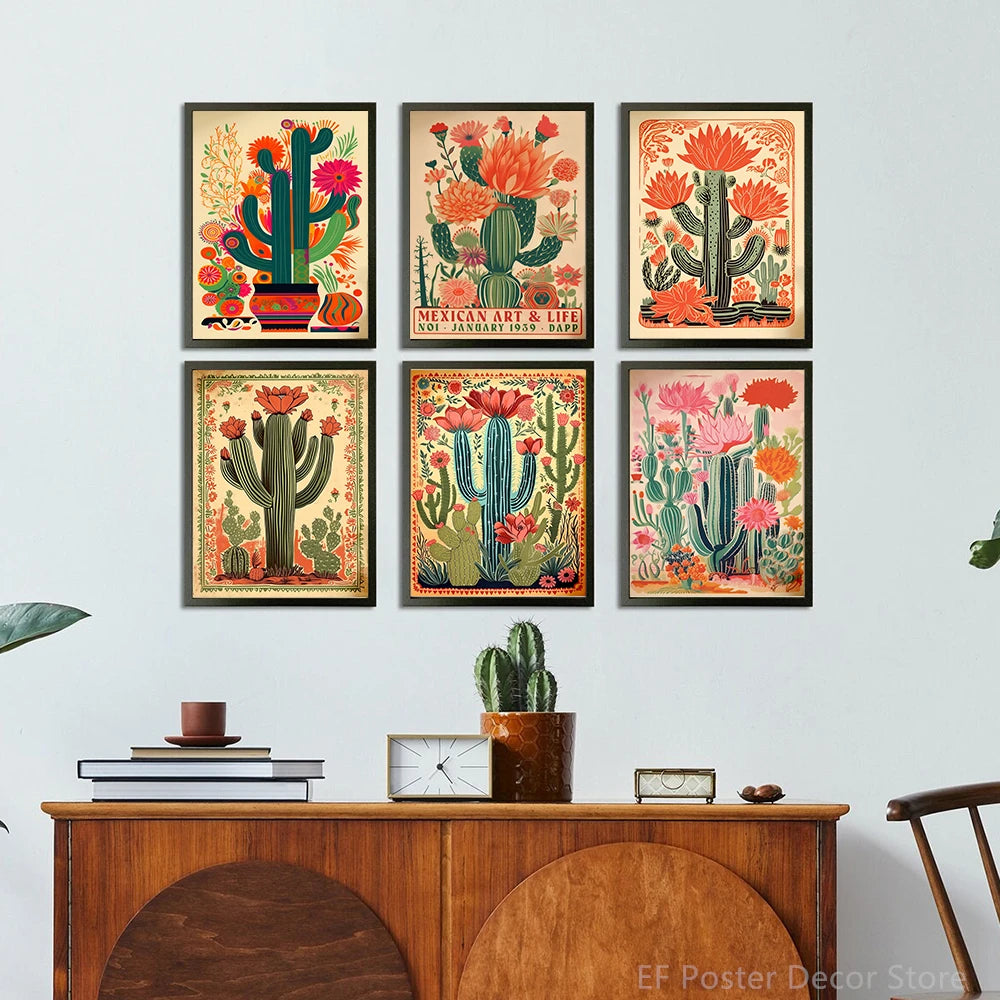 A set of five framed posters featuring colorful vintage cactus and floral art for wall decor